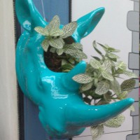 RINOCERONTE  EN CERAMICA  CON PLANTA DE FITONIA  VERDE 
